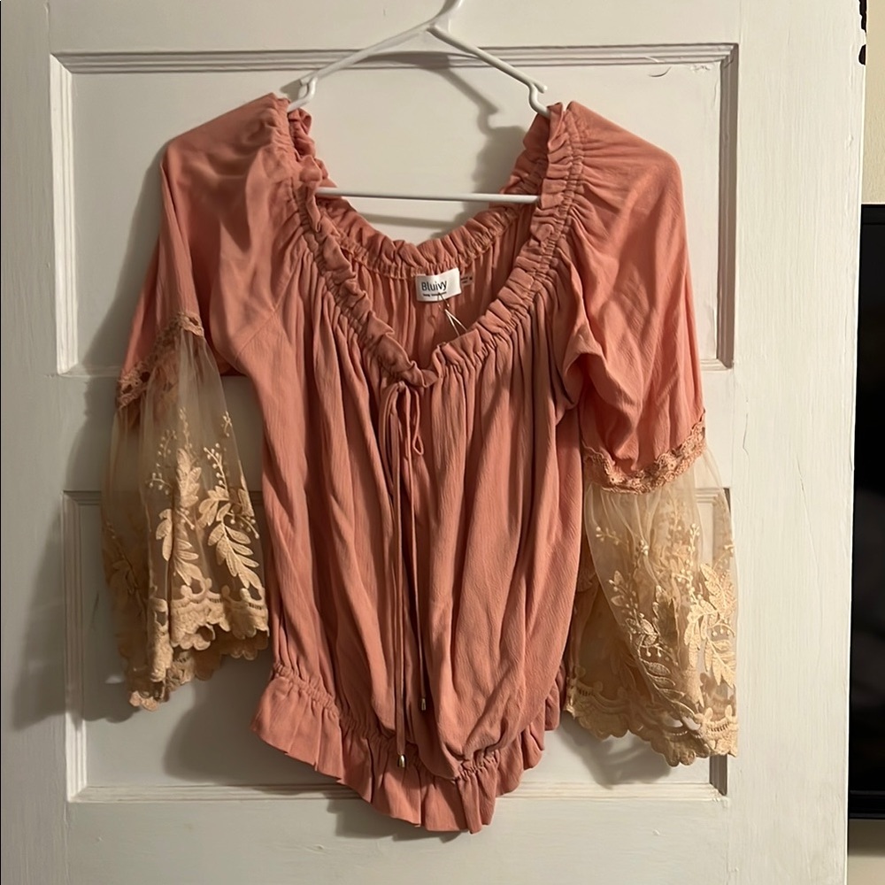 Blush Pink Women's Top with Lace Sleeves